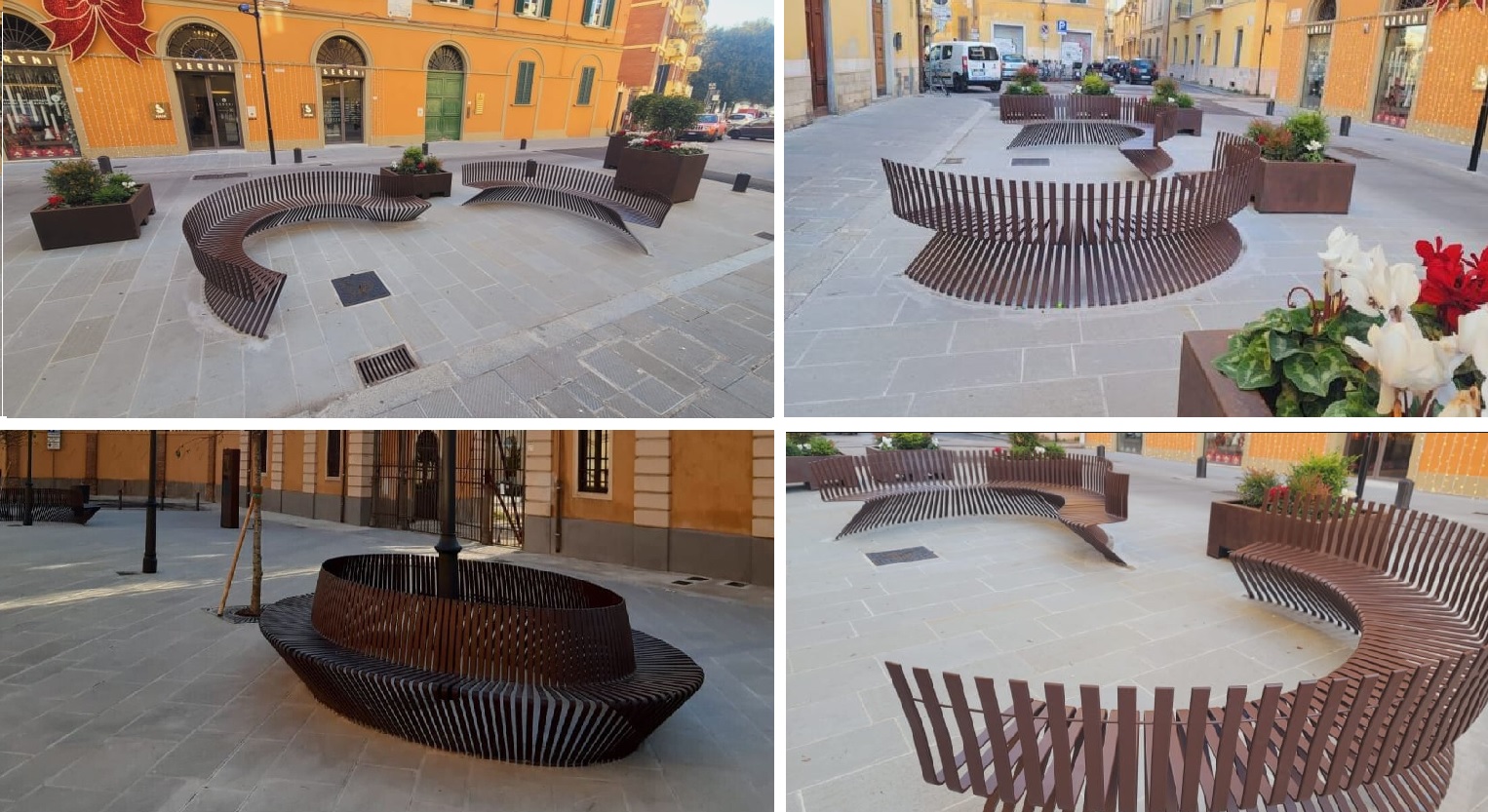 GTSM-Modo-Fenicia-Referenz-Pisa-Italien-Piazzetta Largo Spadoni-Sitzgelegenheit-öffentlicher Platz-Aussenmöbel-Parkbank-rund